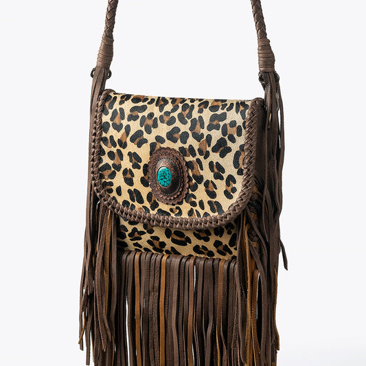ADBGM250 Leopard Print Hair-On Leather Crossbody - Turquoise Concho & Fringe Western Bag