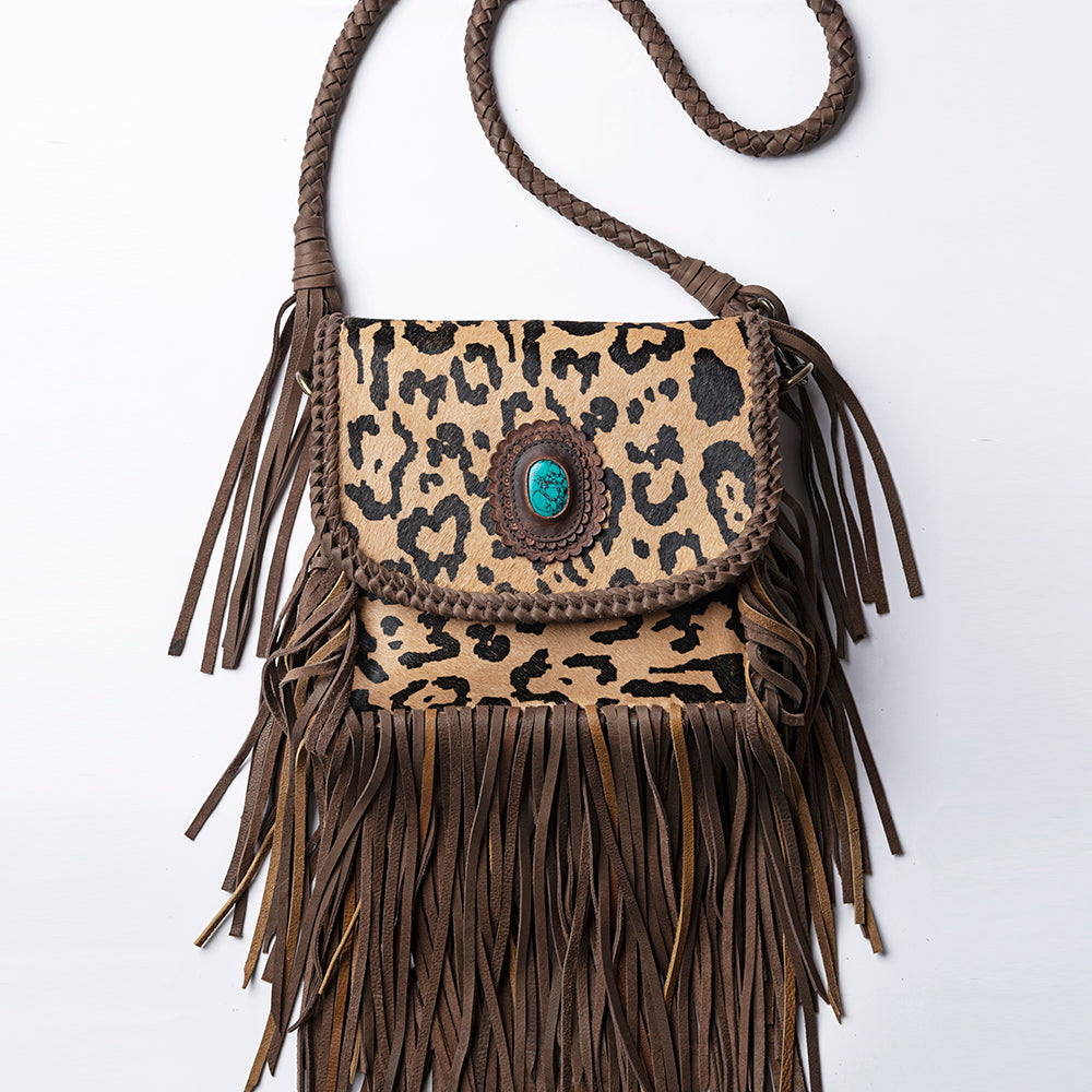 ADBGM250 Leopard Print Hair-On Leather Crossbody - Turquoise Concho & Fringe Western Bag