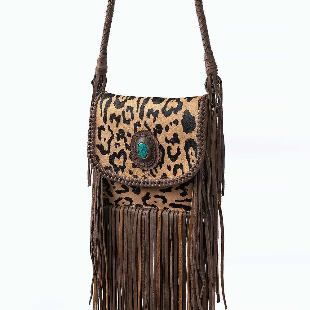 ADBGM250 Leopard Print Hair-On Leather Crossbody - Turquoise Concho & Fringe Western Bag