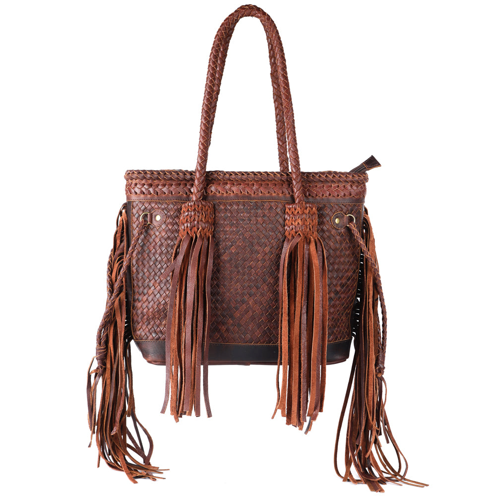 ADBGM251 Woven Leather Fringe Tote Bag - Western Braided Handle Shoulder Purse