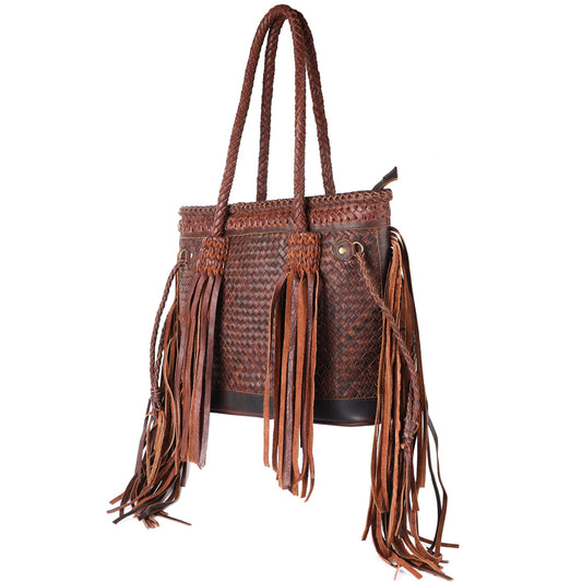 ADBGM251 Woven Leather Fringe Tote Bag - Western Braided Handle Shoulder Purse