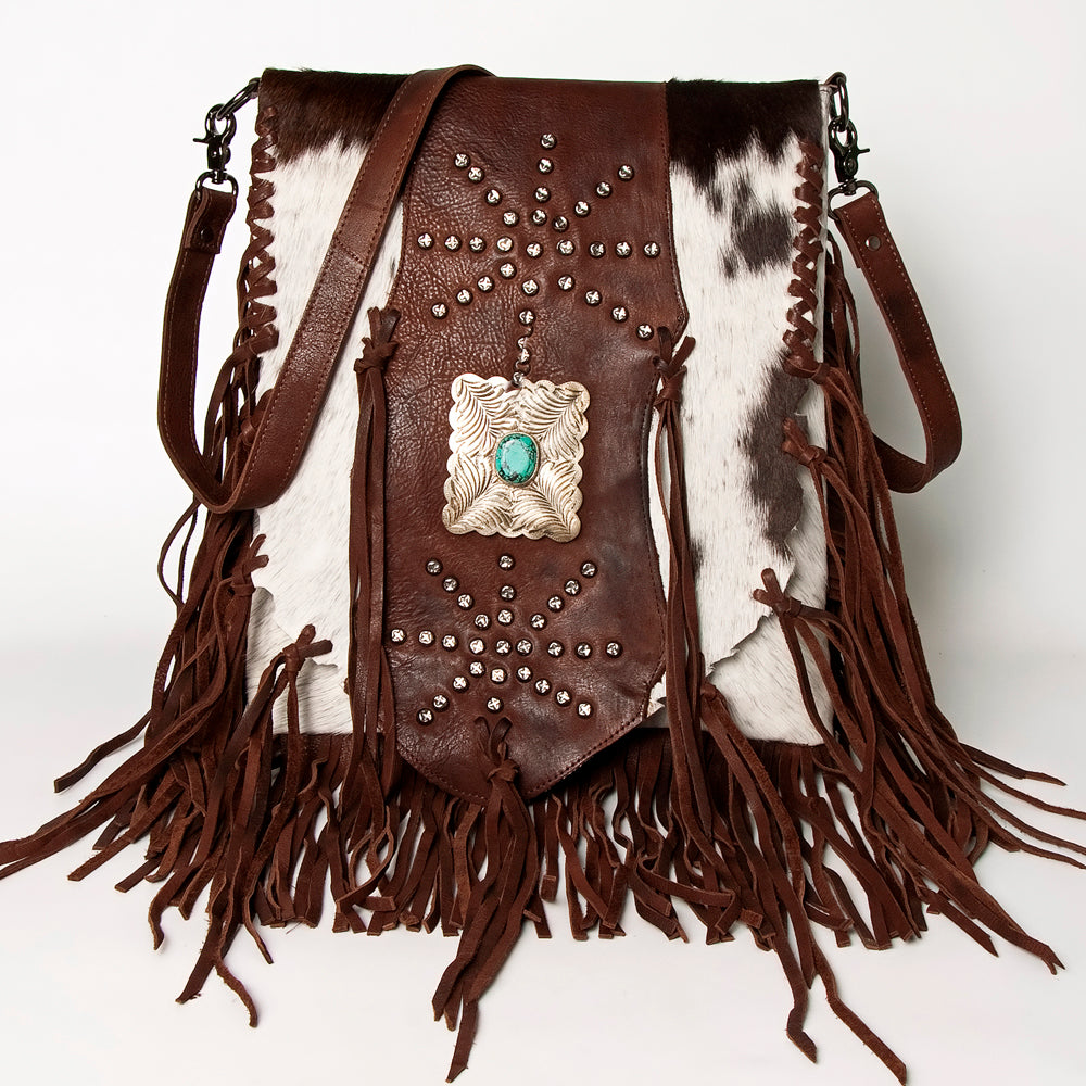 ADBGM253 Cowhide Leather Fringe Messenger Bag - Turquoise Concho & Studded Western Messenger