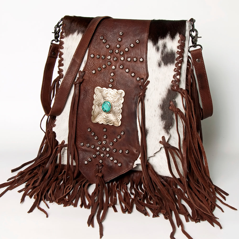 ADBGM253 Cowhide Leather Fringe Messenger Bag - Turquoise Concho & Studded Western Messenger