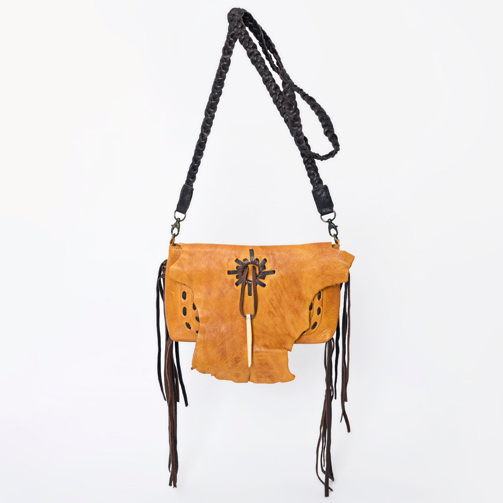 LC-ADBGM254 Raw-Edge Leather Western Crossbody Bag - Fringe Saddle Purse with Horn Toggle & Braided Strap