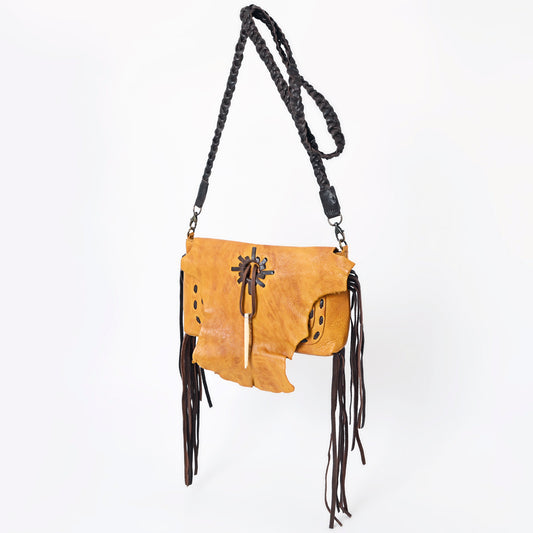 LC-ADBGM254 Raw-Edge Leather Western Crossbody Bag - Fringe Saddle Purse with Horn Toggle & Braided Strap