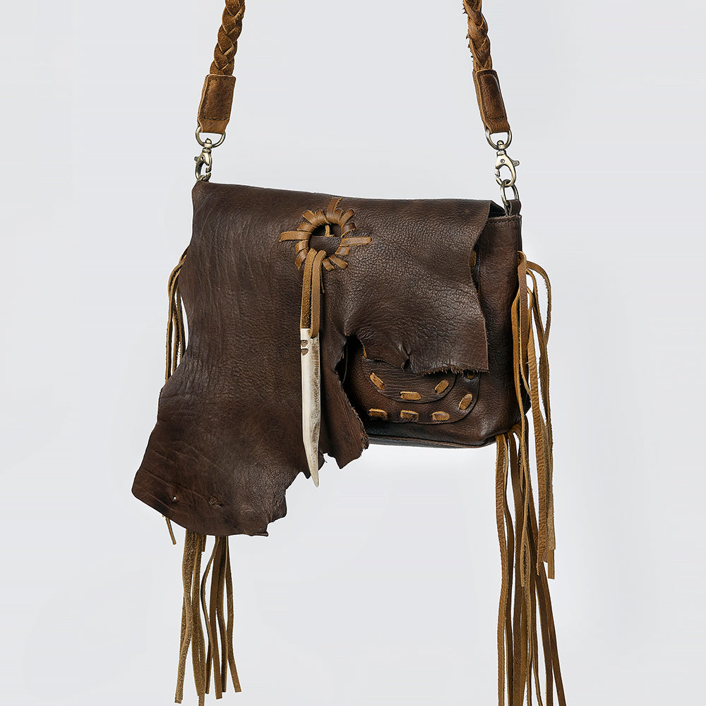 LC-ADBGM254 Raw-Edge Leather Western Crossbody Bag - Fringe Saddle Purse with Horn Toggle & Braided Strap