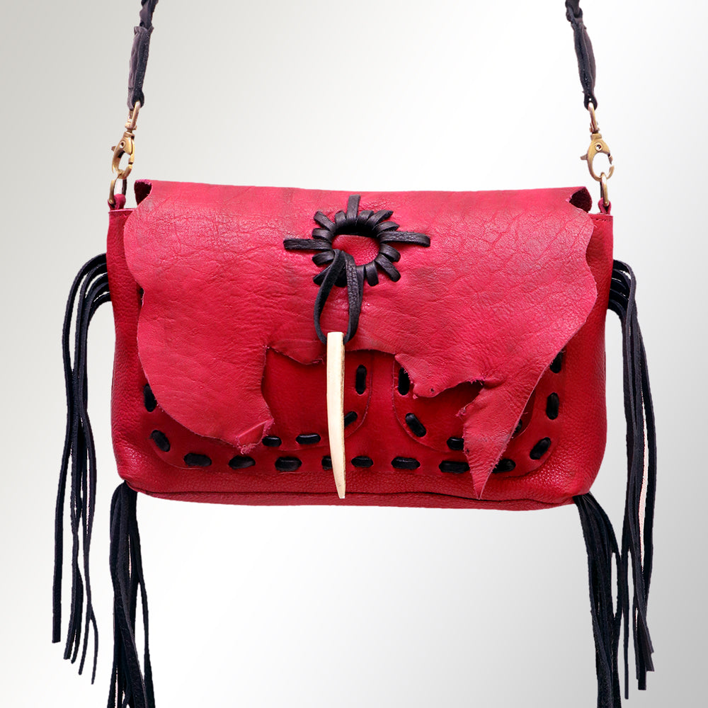 LC-ADBGM254 Raw-Edge Leather Western Crossbody Bag - Fringe Saddle Purse with Horn Toggle & Braided Strap