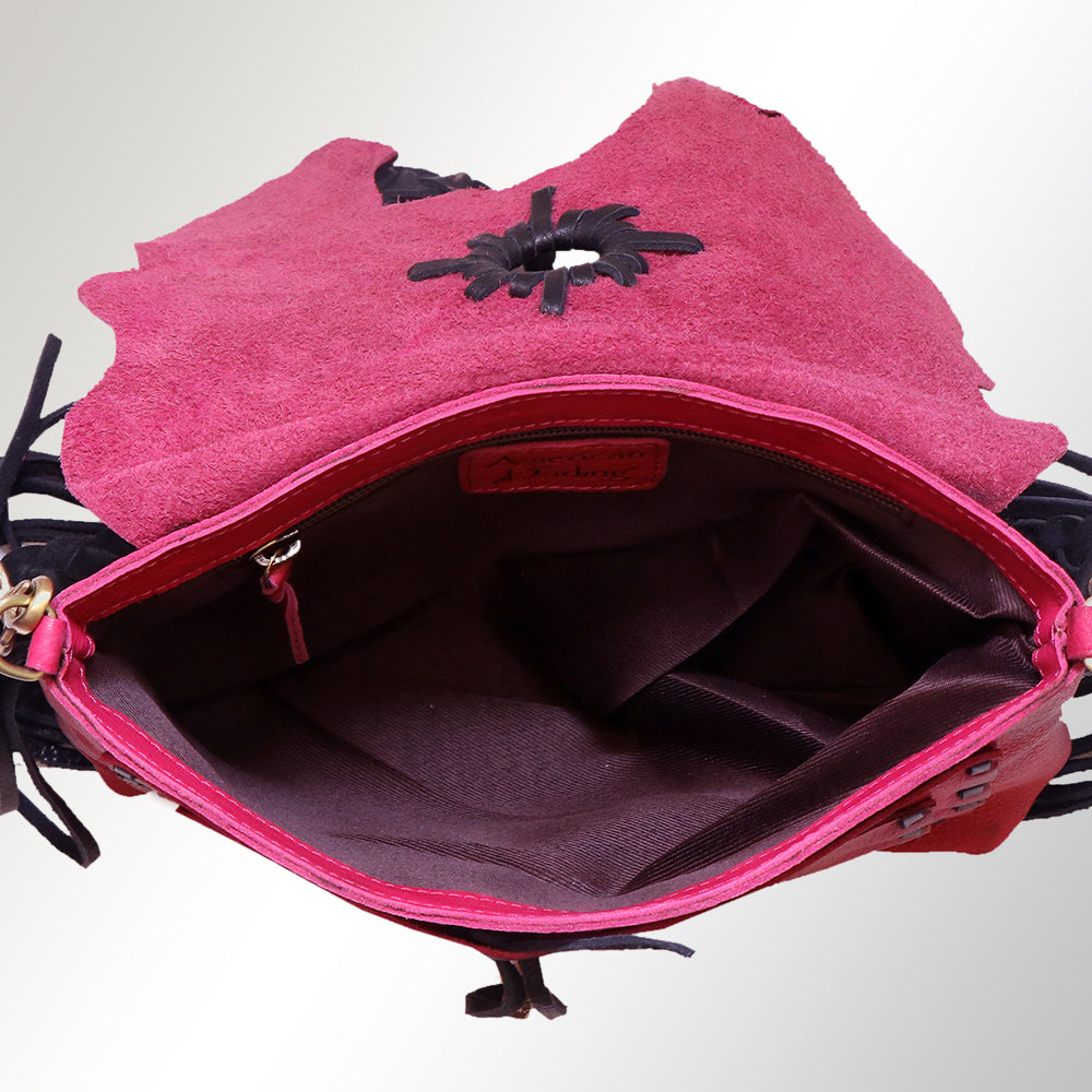 LC-ADBGM254 Raw-Edge Leather Western Crossbody Bag - Fringe Saddle Purse with Horn Toggle & Braided Strap