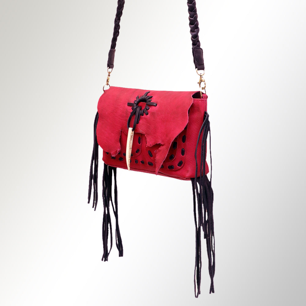 LC-ADBGM254 Raw-Edge Leather Western Crossbody Bag - Fringe Saddle Purse with Horn Toggle & Braided Strap