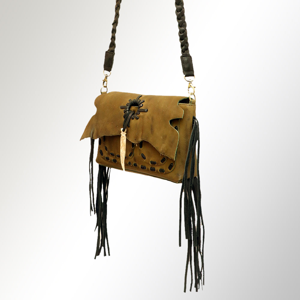LC-ADBGM254 Raw-Edge Leather Western Crossbody Bag - Fringe Saddle Purse with Horn Toggle & Braided Strap