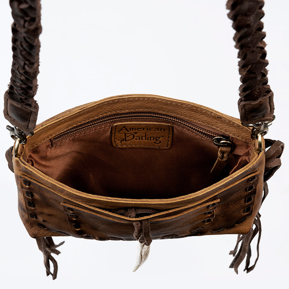 ADBGM255 Leather Western Crossbody Bag - Fringe Purse with Horn Toggle & Braided Strap