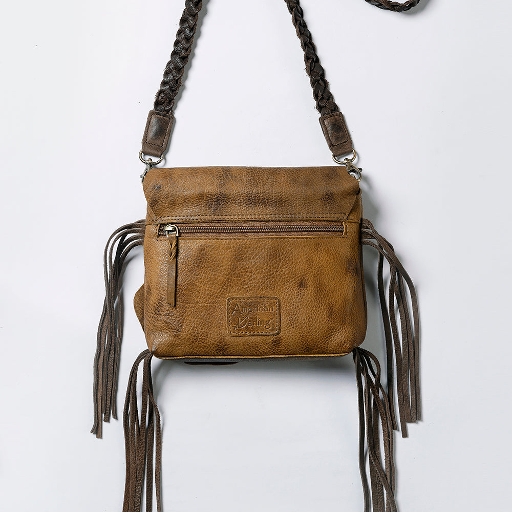 ADBGM255 Leather Western Crossbody Bag - Fringe Purse with Horn Toggle & Braided Strap