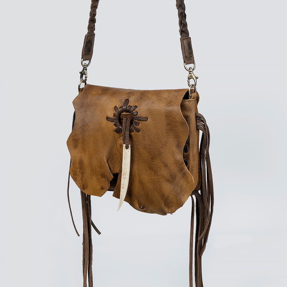 ADBGM255 Leather Western Crossbody Bag - Fringe Purse with Horn Toggle & Braided Strap