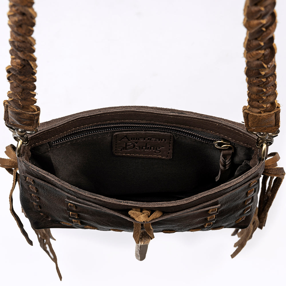 ADBGM255 Leather Western Crossbody Bag - Fringe Purse with Horn Toggle & Braided Strap