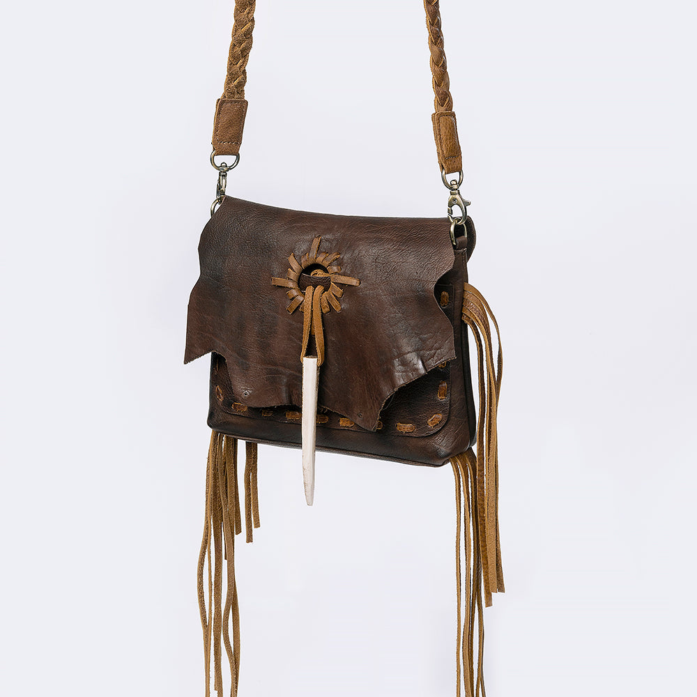 ADBGM255 Leather Western Crossbody Bag - Fringe Purse with Horn Toggle & Braided Strap