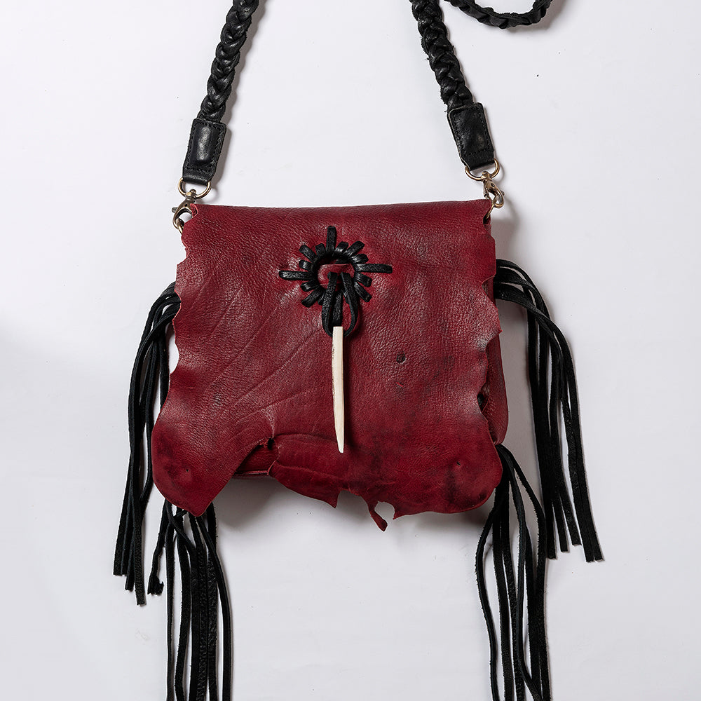 ADBGM255 Leather Western Crossbody Bag - Fringe Purse with Horn Toggle & Braided Strap