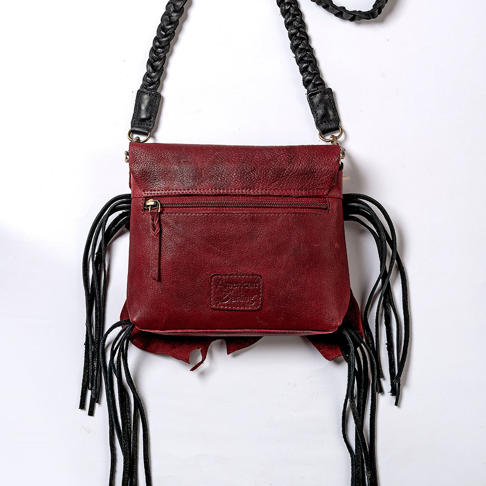 ADBGM255 Leather Western Crossbody Bag - Fringe Purse with Horn Toggle & Braided Strap