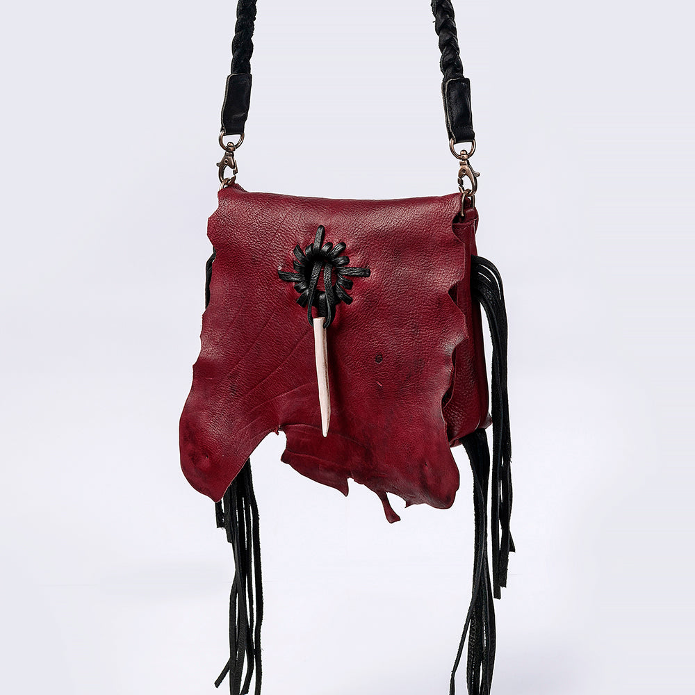 ADBGM255 Leather Western Crossbody Bag - Fringe Purse with Horn Toggle & Braided Strap