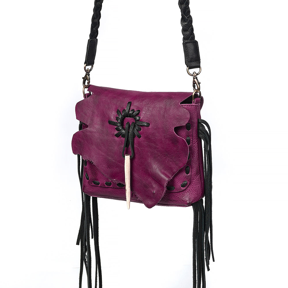 ADBGM255 Leather Western Crossbody Bag - Fringe Purse with Horn Toggle & Braided Strap