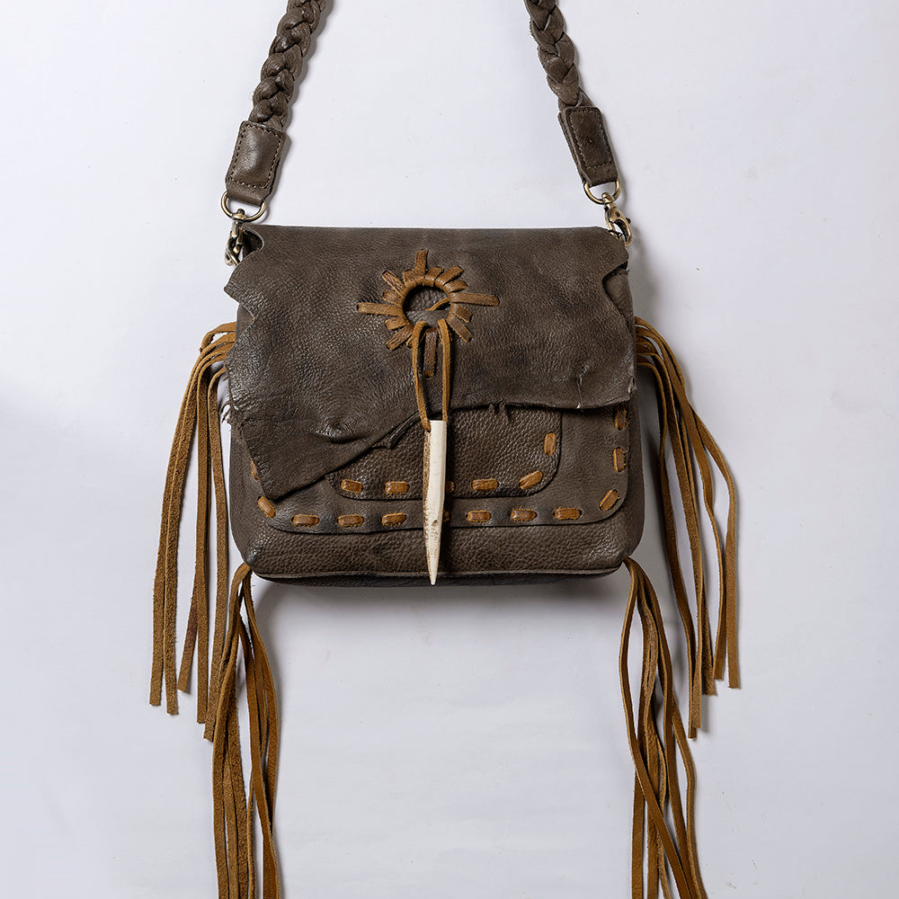 ADBGM255 Leather Western Crossbody Bag - Fringe Purse with Horn Toggle & Braided Strap