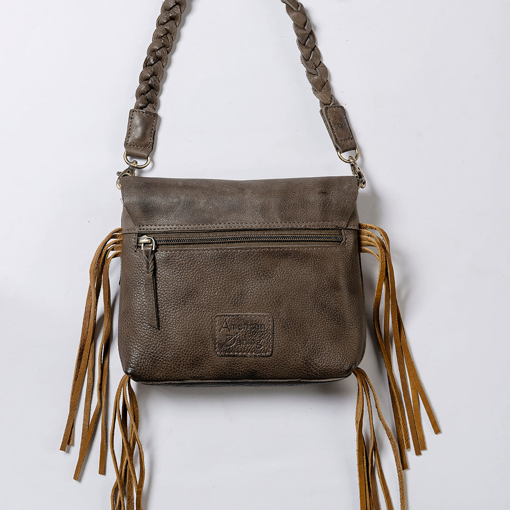 ADBGM255 Leather Western Crossbody Bag - Fringe Purse with Horn Toggle & Braided Strap