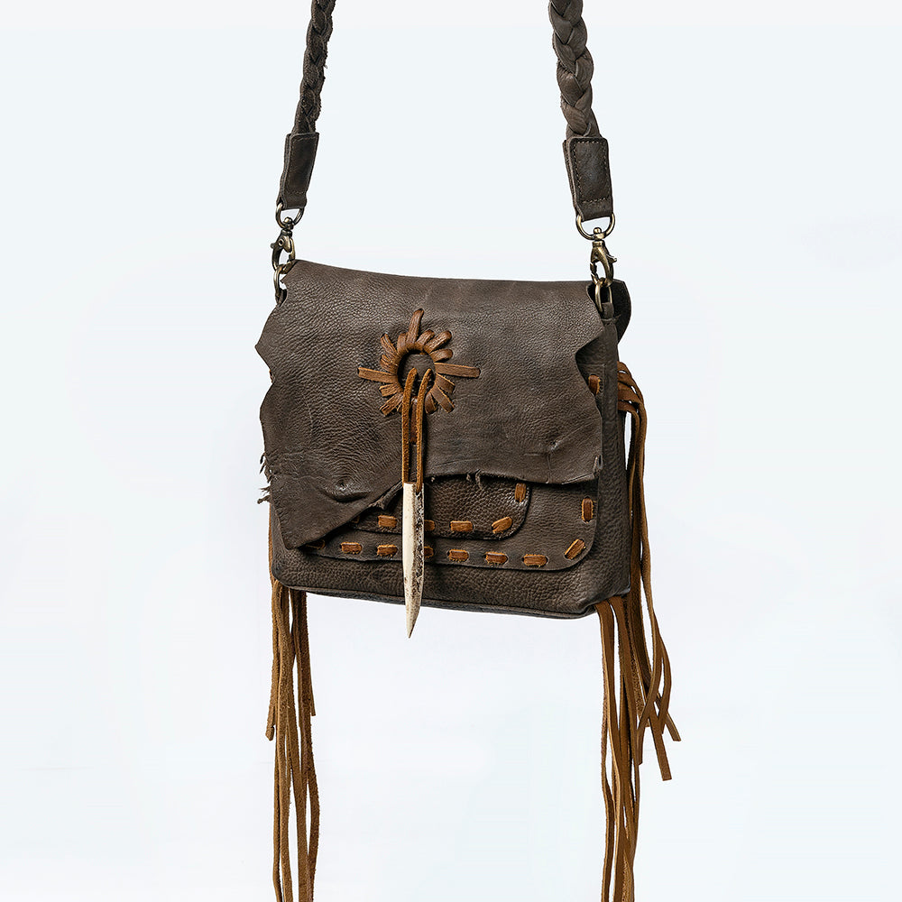 ADBGM255 Leather Western Crossbody Bag - Fringe Purse with Horn Toggle & Braided Strap