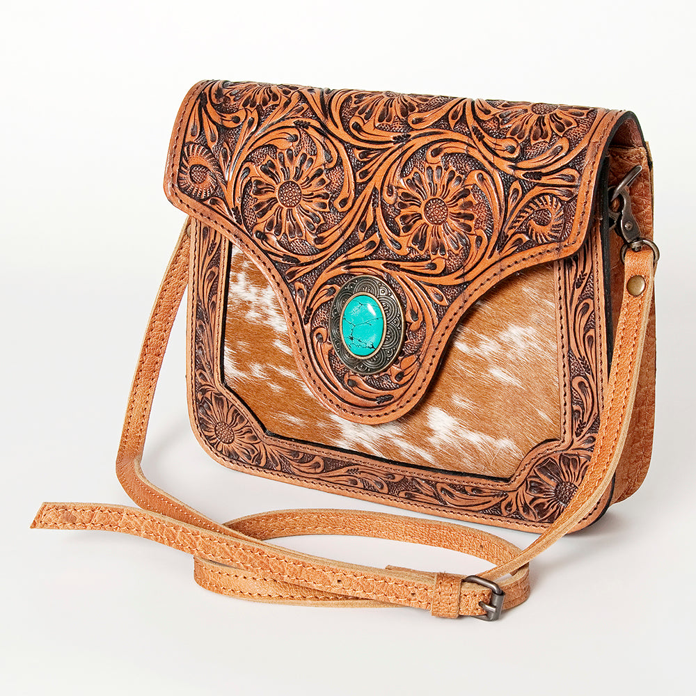 ADBG826 Tooled Leather & Hair-On Crossbody Bag Western Cowhide Shoulder Purse