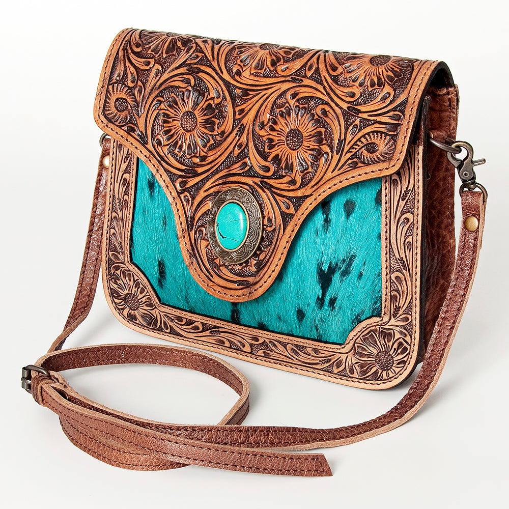 ADBG826 Tooled Leather & Hair-On Crossbody Bag Western Cowhide Shoulder Purse