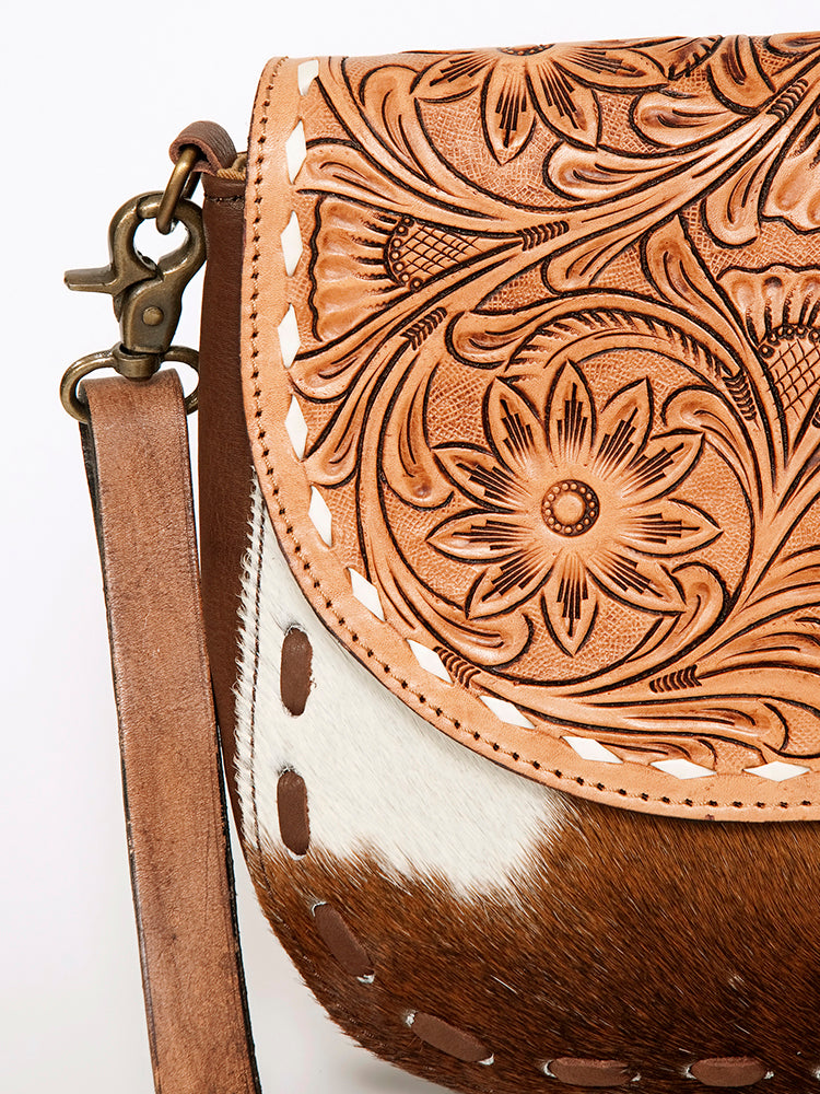 LC-ADBGA211 American Darling Messenger Bag-Floral Hand Tooled Leather & Hair-On Hide