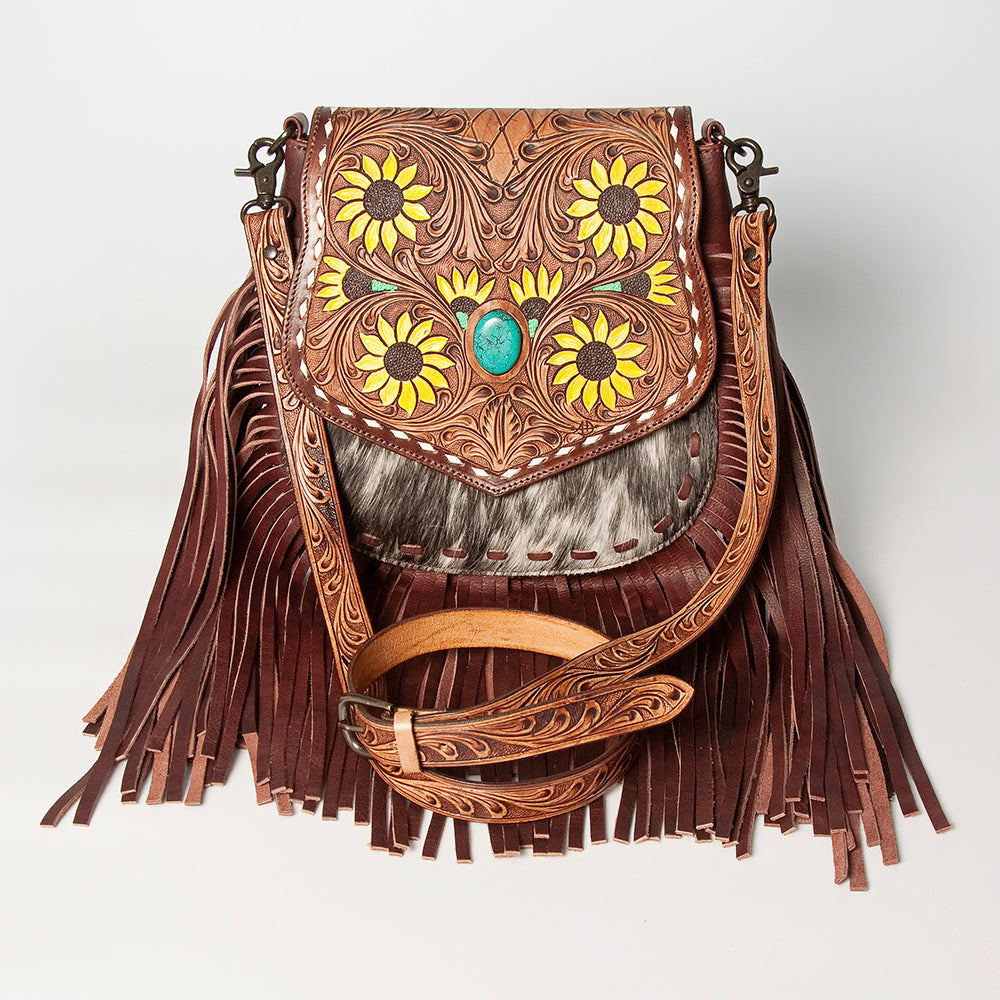 LC-ADBGZ479 Green Leather Western Fringe Messenger Bag - Hand-Tooled Floral Flap with Turquoise Accent