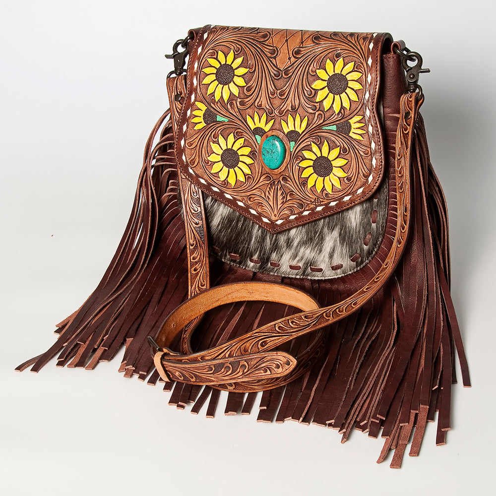 LC-ADBGZ479 Green Leather Western Fringe Messenger Bag - Hand-Tooled Floral Flap with Turquoise Accent