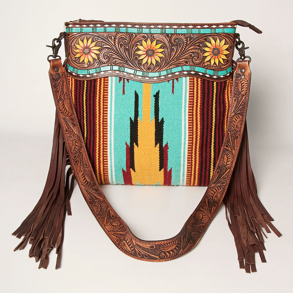 LC-ADBGZ236 Sunflower Tooled Leather & Turquoise Wool Western Fringe Crossbody Bag