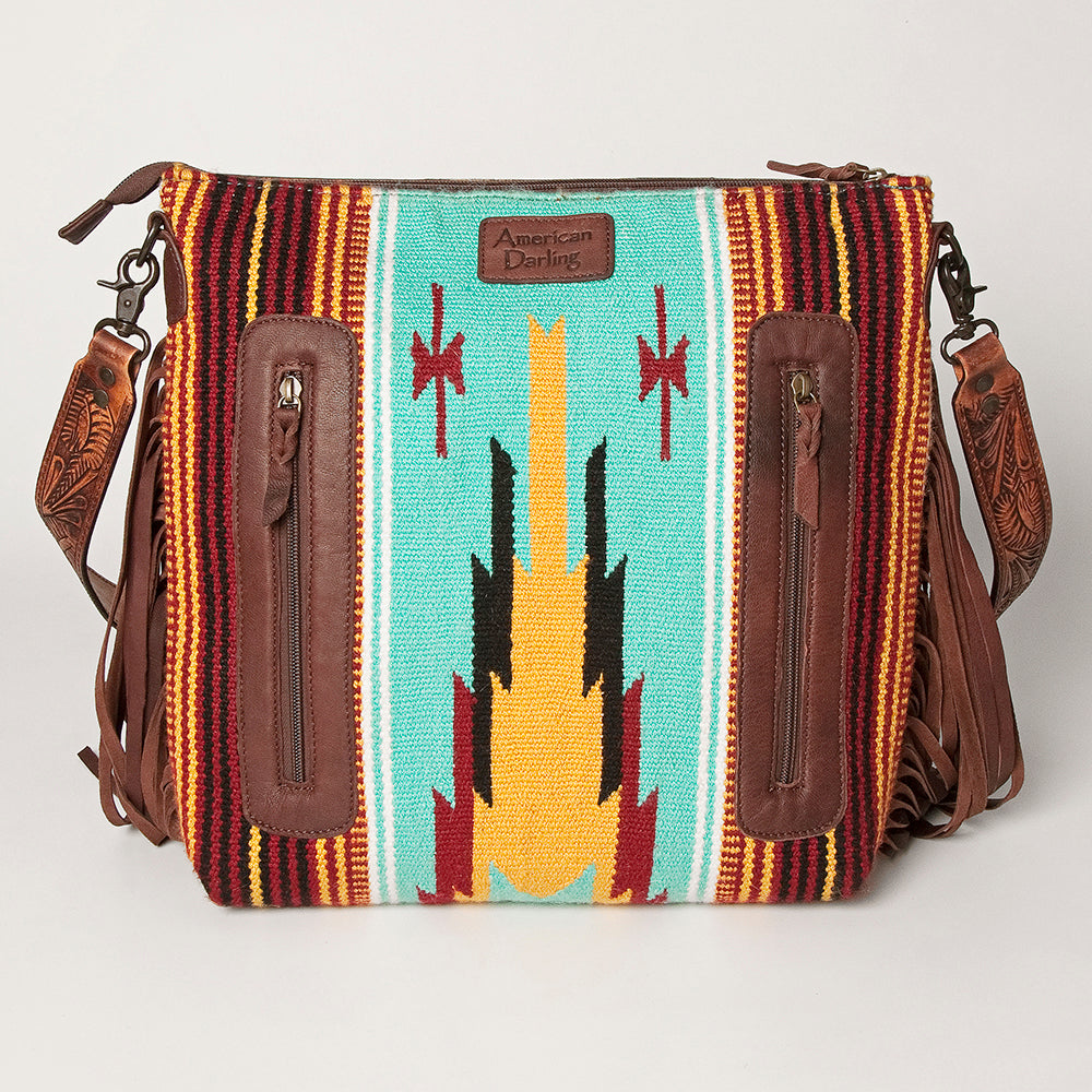 LC-ADBGZ236 Sunflower Tooled Leather & Turquoise Wool Western Fringe Crossbody Bag