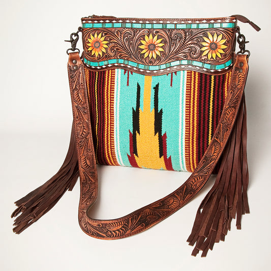 LC-ADBGZ236 Sunflower Tooled Leather & Turquoise Wool Western Fringe Crossbody Bag