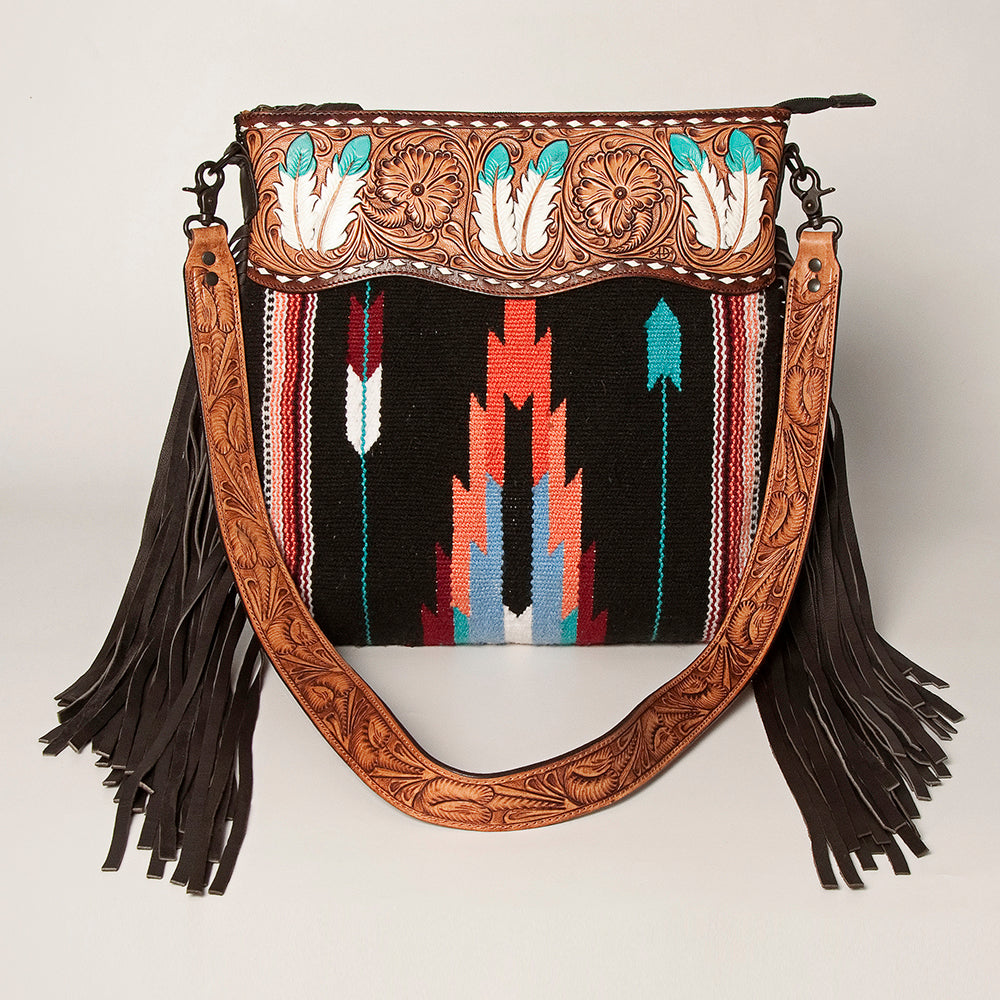 LC-ADBGZ251B Tooled Leather Fringe Crossbody Bag with Black & Turquoise Serape Wool