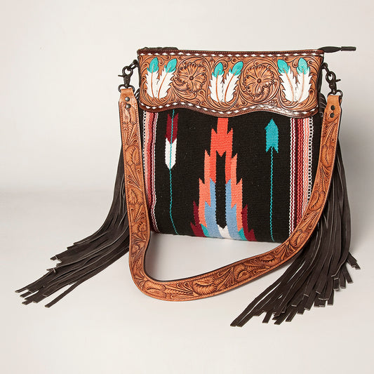 LC-ADBGZ251B Tooled Leather Fringe Crossbody Bag with Black & Turquoise Serape Wool
