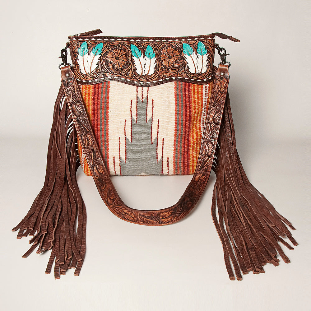 LC-ADBGZ365A Tooled Leather & Turquoise Feather Crossbody Bag - Tribal Wool & Fringe Western Purse