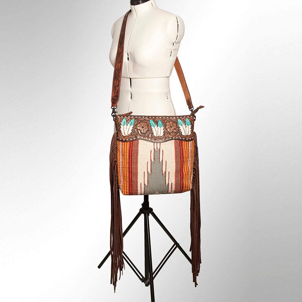 LC-ADBGZ365A Tooled Leather & Turquoise Feather Crossbody Bag - Tribal Wool & Fringe Western Purse