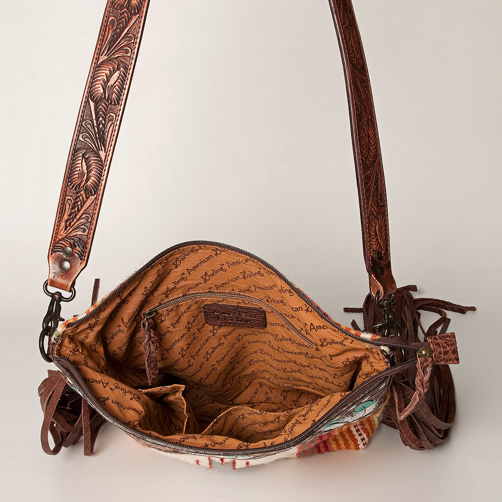 LC-ADBGZ365A Tooled Leather & Turquoise Feather Crossbody Bag - Tribal Wool & Fringe Western Purse
