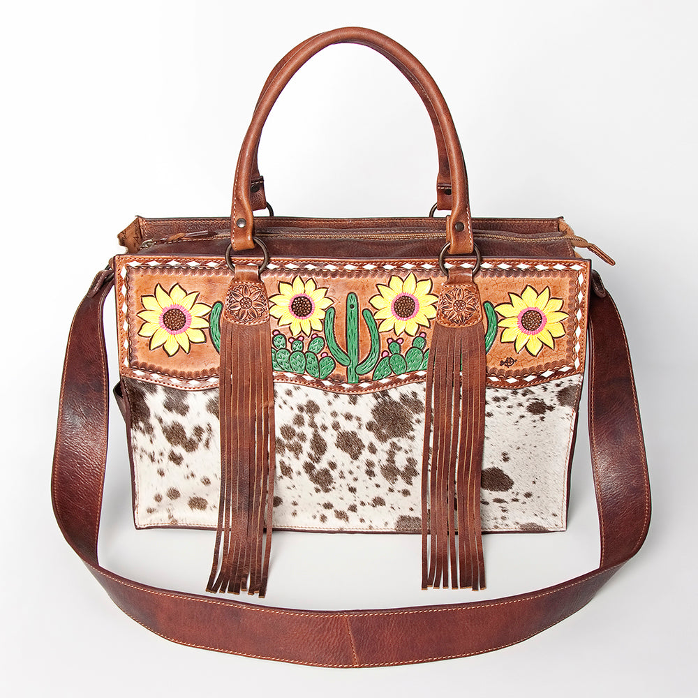 LC-ADBGZ200E Cowhide & Hand-Painted Sunflower Tooled Leather Tote - Western Shoulder Bag with Strap