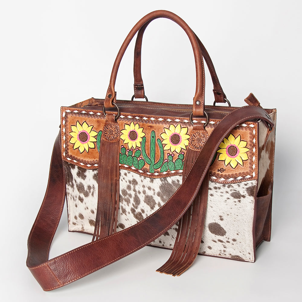 LC-ADBGZ200E Cowhide & Hand-Painted Sunflower Tooled Leather Tote - Western Shoulder Bag with Strap