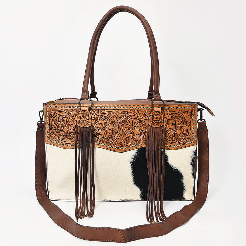 ADBGZ200 Tooled Leather & Cowhide Tote Bag with Fringe - Western Handbag with Shoulder Strap
