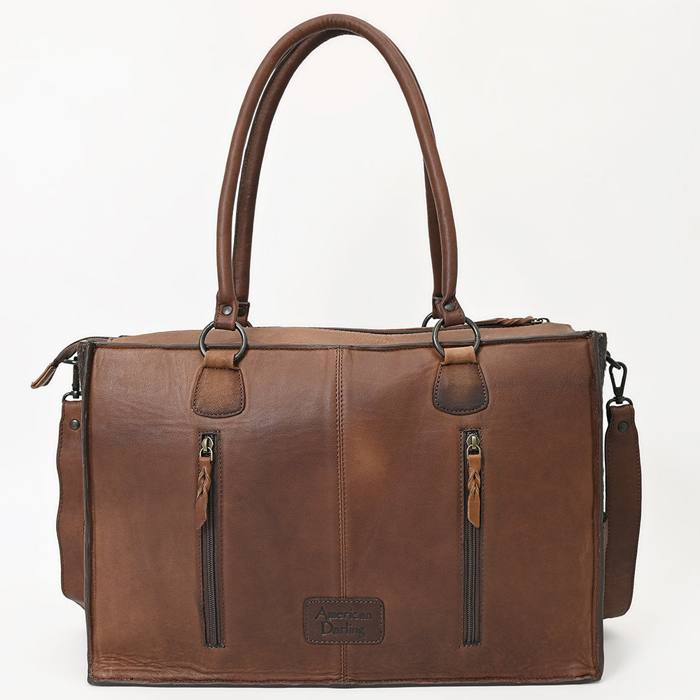 ADBGZ200 Tooled Leather & Cowhide Tote Bag with Fringe - Western Handbag with Shoulder Strap