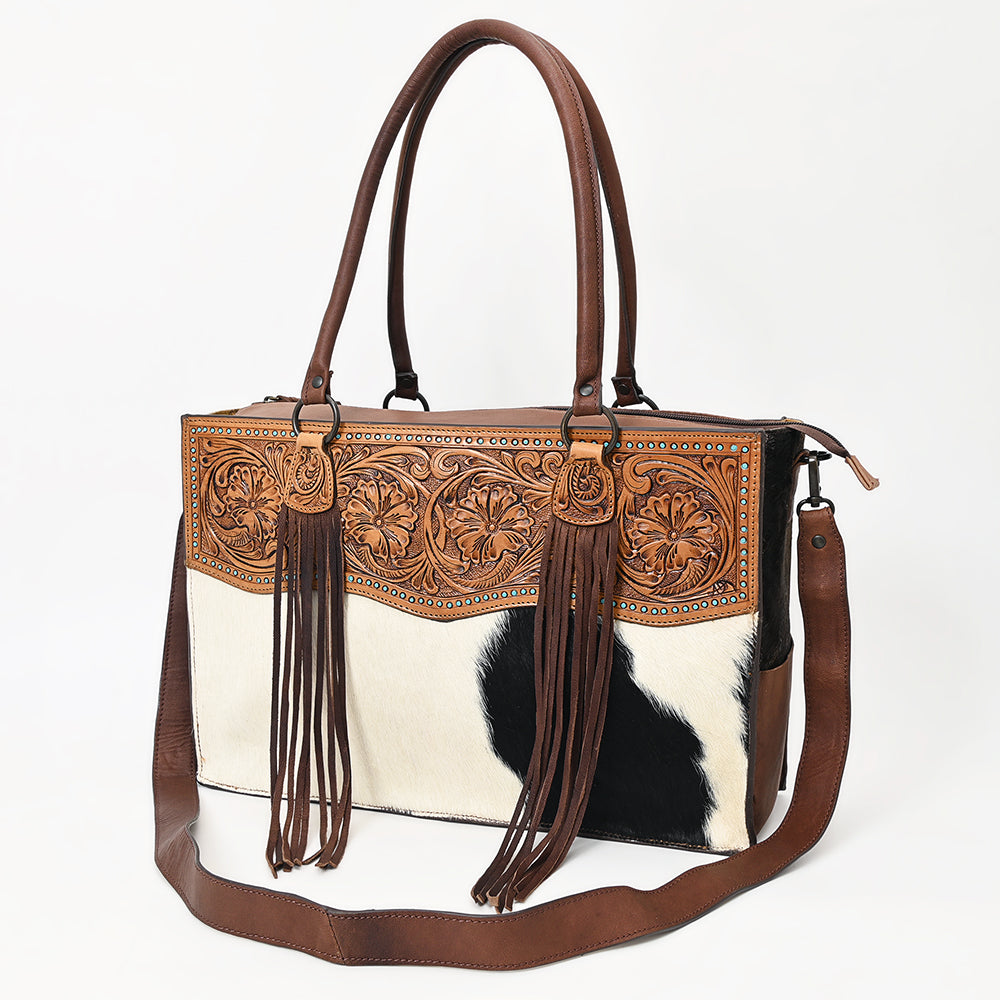 ADBGZ200 Tooled Leather & Cowhide Tote Bag with Fringe - Western Handbag with Shoulder Strap