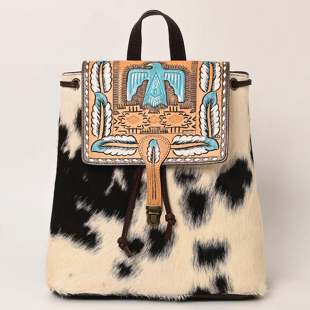 LC-ADBGZ101A Thunderbird Tooled Leather Cowhide Backpack - Hand-Painted Western Turquoise Travel Bag