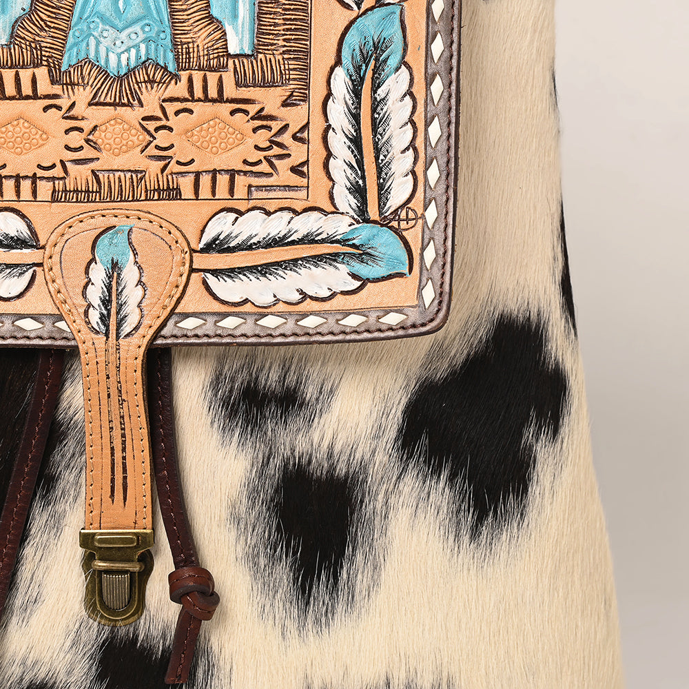 LC-ADBGZ101A Thunderbird Tooled Leather Cowhide Backpack - Hand-Painted Western Turquoise Travel Bag