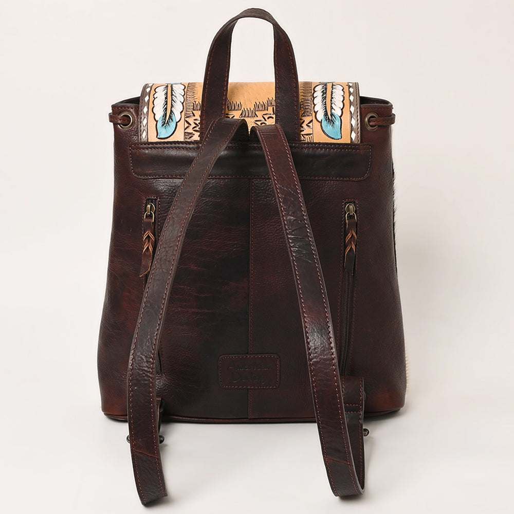 LC-ADBGZ101A Thunderbird Tooled Leather Cowhide Backpack - Hand-Painted Western Turquoise Travel Bag