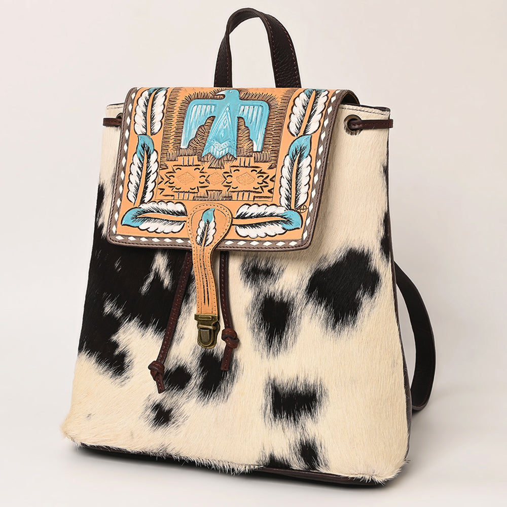 LC-ADBGZ101A Thunderbird Tooled Leather Cowhide Backpack - Hand-Painted Western Turquoise Travel Bag