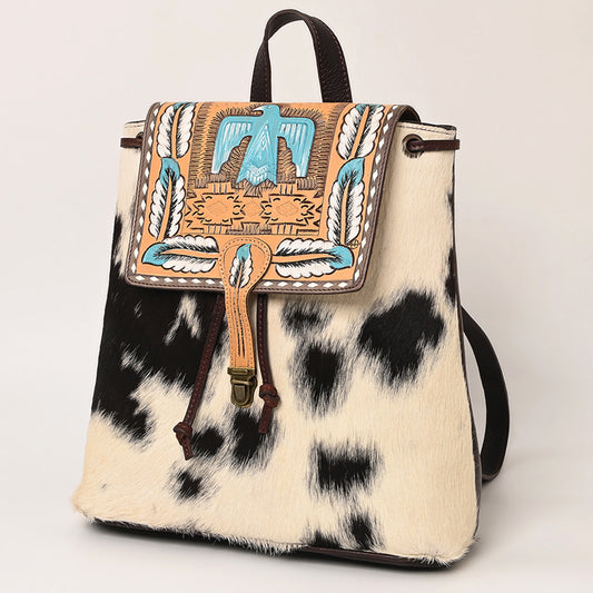LC-ADBGZ101A Thunderbird Tooled Leather Cowhide Backpack - Hand-Painted Western Turquoise Travel Bag