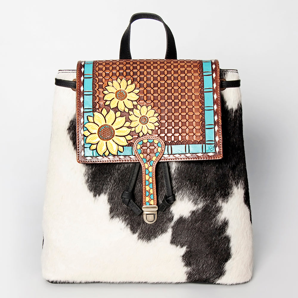 LC-ADBGZ101B Cowhide Backpack with Hand-Painted Sunflower Tooled Flap - Western Floral Bag